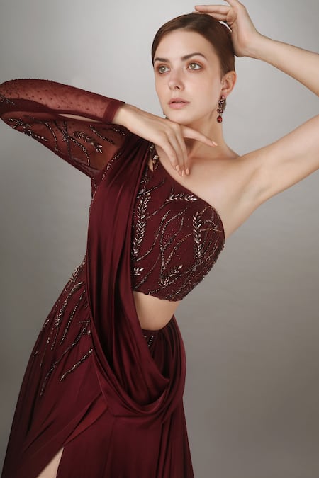 Buy_Anjum Qureshi_Wine Net And Satin Embroidered Abstract Floral Motifs One Draped Gown _Online_at_Aza_Fashions