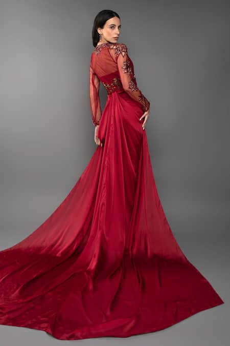 Shop_Anjum Qureshi_Red Net And Satin Self Gold Work Round Side Draped Gown _at_Aza_Fashions