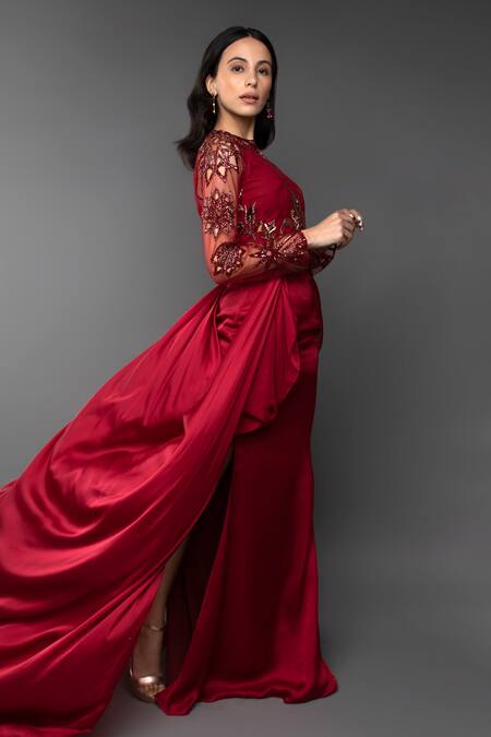 Anjum Qureshi_Red Net And Satin Self Gold Work Round Side Draped Gown _Online_at_Aza_Fashions