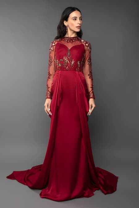 Buy_Anjum Qureshi_Red Net And Satin Self Gold Work Round Side Draped Gown _Online_at_Aza_Fashions