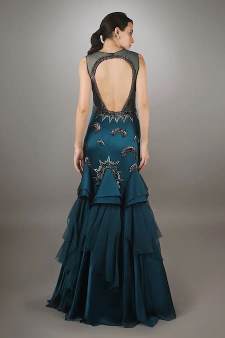 Shop_Anjum Qureshi_Green Satin And Organza Self Metallic Tones Round Embroidered Cone Textured Gown _at_Aza_Fashions