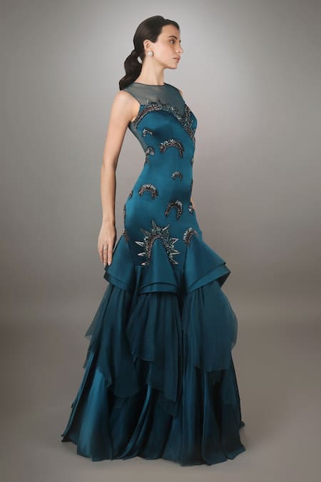 Anjum Qureshi_Green Satin And Organza Self Metallic Tones Round Embroidered Cone Textured Gown _Online_at_Aza_Fashions