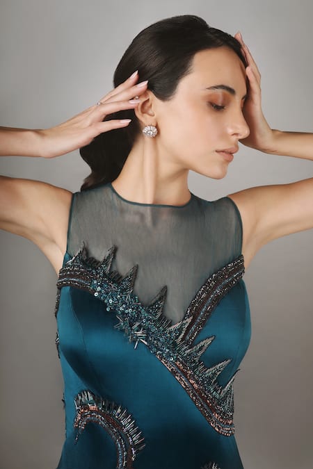 Buy_Anjum Qureshi_Green Satin And Organza Self Metallic Tones Round Embroidered Cone Textured Gown _Online_at_Aza_Fashions