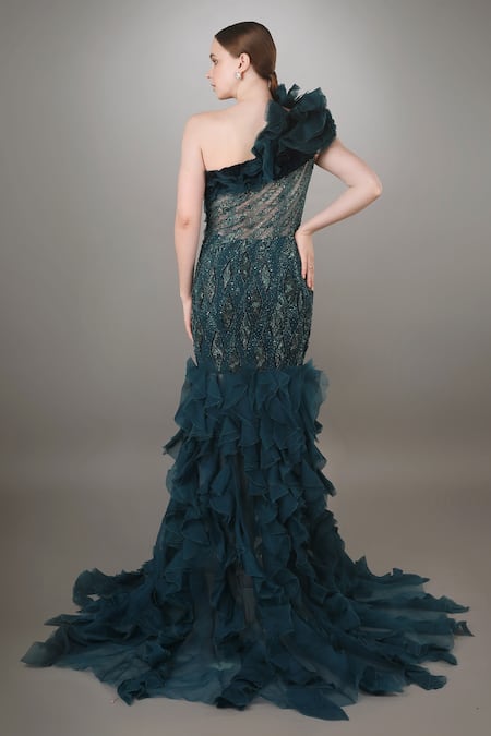 Shop_Anjum Qureshi_Green Net And Organza Embroidered Metallic Work One Shoulder Ruffle Gown _at_Aza_Fashions