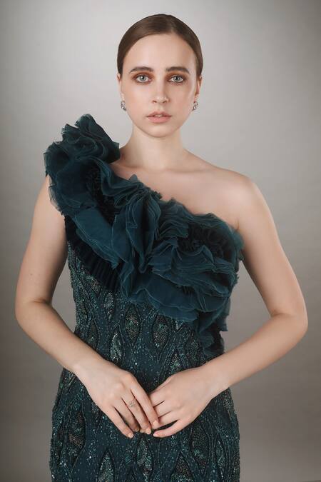 Buy_Anjum Qureshi_Green Net And Organza Embroidered Metallic Work One Shoulder Ruffle Gown _Online_at_Aza_Fashions