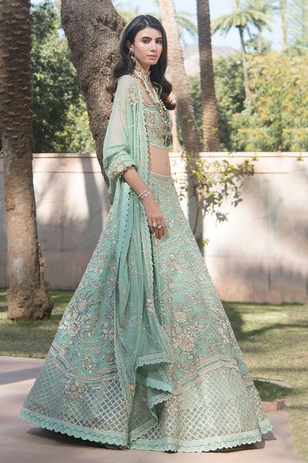 Shop Sahil Kochhar Green Net, Silk Organza Square Neck Aziza Bridal Lehenga Set at Aza Fashions Shop_Sahil Kochhar_Green Net, Silk Organza Square Neck Aziza Bridal Lehenga Set _at_Aza_Fashions