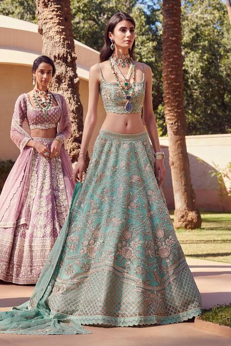 Sahil Kochhar Green Net, Silk Organza Square Neck Aziza Bridal Lehenga Set Online at Aza Fashions Sahil Kochhar_Green Net, Silk Organza Square Neck Aziza Bridal Lehenga Set _Online_at_Aza_Fashions