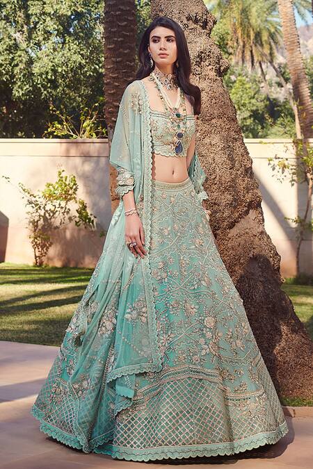 Buy Sahil Kochhar Green Net, Silk Organza Square Neck Aziza Bridal Lehenga Set Online at Aza Fashions Buy_Sahil Kochhar_Green Net, Silk Organza Square Neck Aziza Bridal Lehenga Set _Online_at_Aza_Fashions