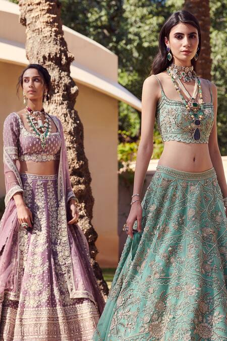 Shop Sahil Kochhar Green Net, Silk Organza Square Neck Aziza Bridal Lehenga Set Online at Aza Fashions Shop_Sahil Kochhar_Green Net, Silk Organza Square Neck Aziza Bridal Lehenga Set _Online_at_Aza_Fashions