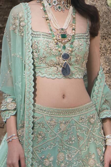 Sahil Kochhar Green Net, Silk Organza Square Neck Aziza Bridal Lehenga Set at Aza Fashions Sahil Kochhar_Green Net, Silk Organza Square Neck Aziza Bridal Lehenga Set _at_Aza_Fashions