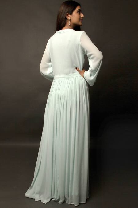 Shop Jasmine Bains Blue Cupro Georgette V Neck Gathered Maxi Dress at Aza Fashions Shop_Jasmine Bains_Blue Cupro Georgette V Neck Gathered Maxi Dress _at_Aza_Fashions