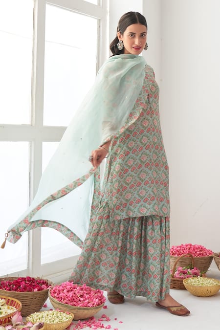 Negra Elegante Green Organza, Cotton Silk Digital Print, Mirror Work V Peony Kurta Sharara Set 
