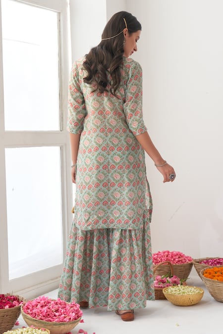 Shop Negra Elegante Green Organza, Cotton Silk Digital Print, Mirror Work V Peony Kurta Sharara Set at Aza Fashions Shop_Negra Elegante_Green Organza, Cotton Silk Digital Print, Mirror Work V Peony Kurta Sharara Set _at_Aza_Fashions