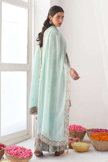 Shop Negra Elegante Green Organza, Cotton Silk Digital Print, Mirror Work V Peony Kurta Sharara Set Online at Aza Fashions Shop_Negra Elegante_Green Organza, Cotton Silk Digital Print, Mirror Work V Peony Kurta Sharara Set _Online_at_Aza_Fashions