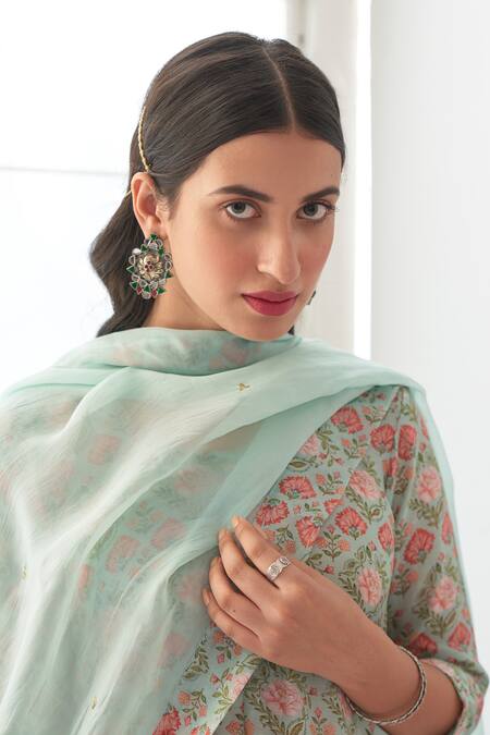 Negra Elegante Green Organza, Cotton Silk Digital Print, Mirror Work V Peony Kurta Sharara Set at Aza Fashions Negra Elegante_Green Organza, Cotton Silk Digital Print, Mirror Work V Peony Kurta Sharara Set _at_Aza_Fashions