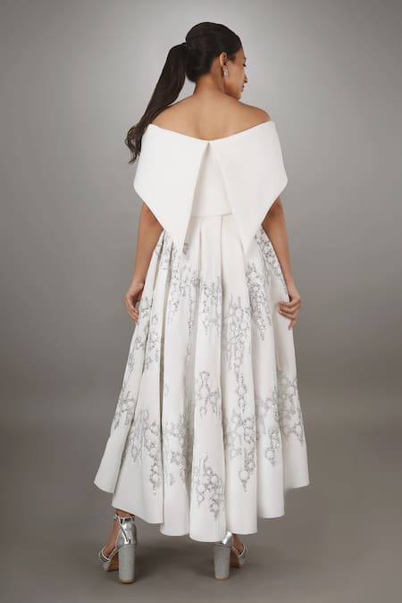Shop_Anjum Qureshi_White Scuba Embroidered Abstract Geometric Motifs One Shoulder Off Dress _at_Aza_Fashions
