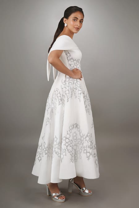 Anjum Qureshi_White Scuba Embroidered Abstract Geometric Motifs One Shoulder Off Dress _Online_at_Aza_Fashions