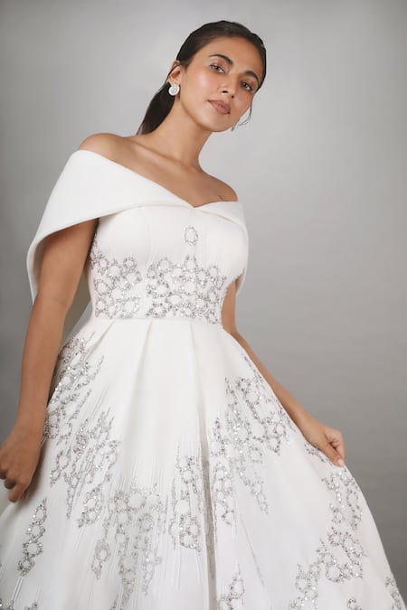 Buy_Anjum Qureshi_White Scuba Embroidered Abstract Geometric Motifs One Shoulder Off Dress _Online_at_Aza_Fashions