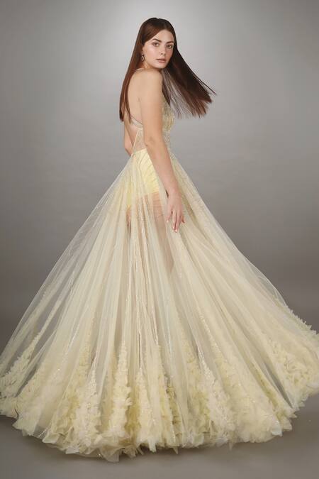 Anjum Qureshi_Yellow Net Plunge V Neck Textured Gown _Online_at_Aza_Fashions