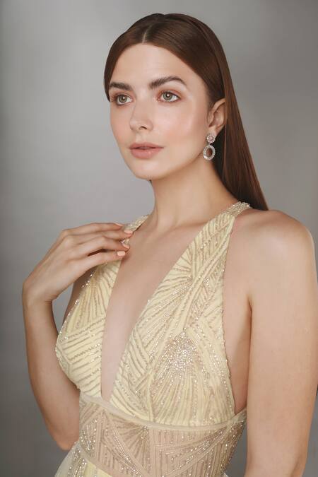 Buy_Anjum Qureshi_Yellow Net Plunge V Neck Textured Gown _Online_at_Aza_Fashions