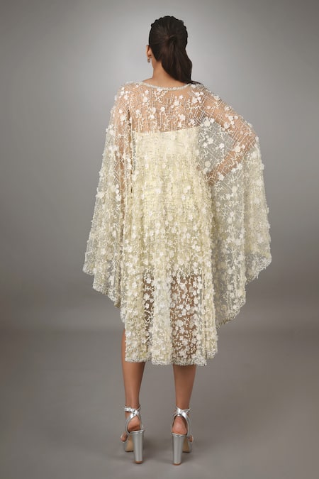 Shop_Anjum Qureshi_Yellow Net Hand Embroidered Geometric And 3d Florals Plunge V Cape Sleeve Dress _at_Aza_Fashions
