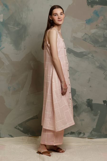 Buy_Banana Labs_Pink Cotton Square Neck Geometric Print Kurta And Pant Set _Online_at_Aza_Fashions