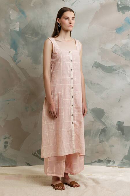 Banana Labs_Pink Cotton Square Neck Geometric Print Kurta And Pant Set _Online_at_Aza_Fashions