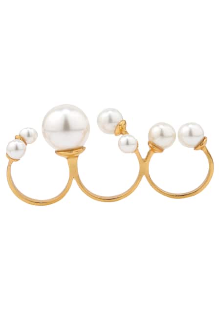 Shop Anaash Gold Plated Pearl Manufactured Embellished Three Finger Ring at Aza Fashions Shop_Anaash_Gold Plated Pearl Manufactured Embellished Three Finger Ring _at_Aza_Fashions