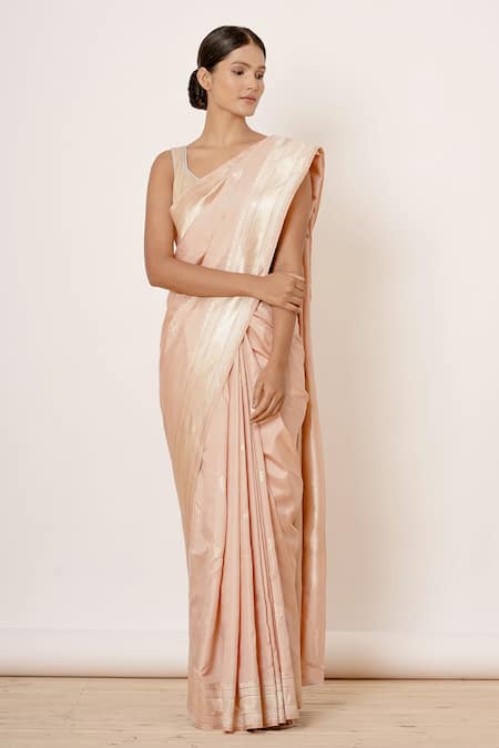 Aharin India_Peach Pure Satin Silk Banarasi Lining Cotton And Woven Saree With Blouse _Online_at_Aza_Fashions