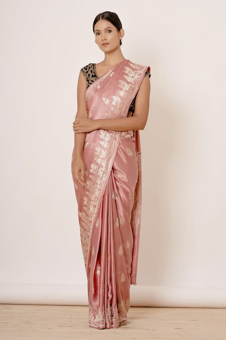 Aharin India Pink Pure Satin Silk Banarasi Lining Cotton And Shantoon Saree With Blouse Online at Aza Fashions Aharin India_Pink Pure Satin Silk Banarasi Lining Cotton And Shantoon Saree With Blouse_Online_at_Aza_Fashions