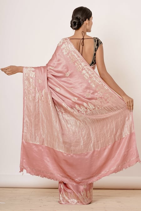Shop Aharin India Pink Pure Satin Silk Banarasi Lining Cotton And Shantoon Saree With Blouse at Aza Fashions Shop_Aharin India_Pink Pure Satin Silk Banarasi Lining Cotton And Shantoon Saree With Blouse_at_Aza_Fashions