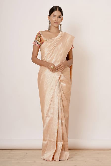 Aharin India_Peach Pure Banarasi Silk Lining Cotton And Shantoon Floral Saree With Blouse _Online_at_Aza_Fashions