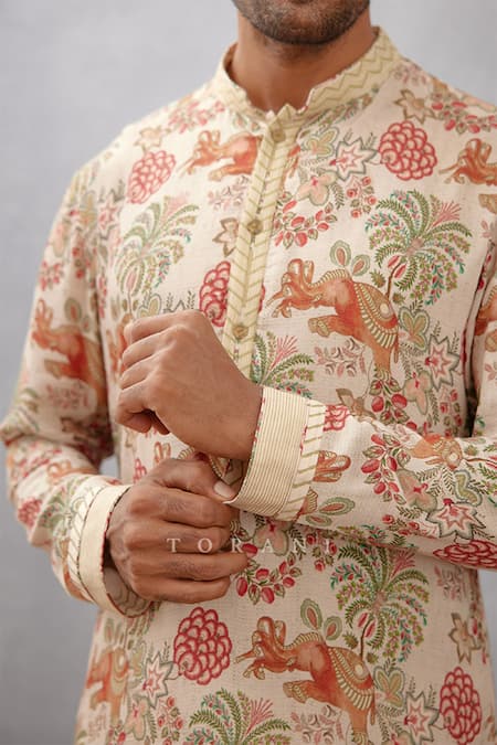 Buy_Torani_Beige Cotton Silk Chintz Airawata Ashfaq Printed Kurta Set _Online_at_Aza_Fashions