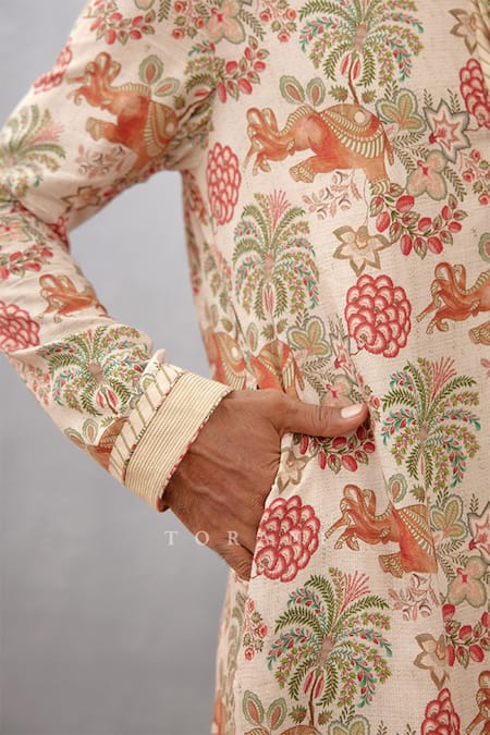 Torani_Beige Cotton Silk Chintz Airawata Ashfaq Printed Kurta Set _at_Aza_Fashions