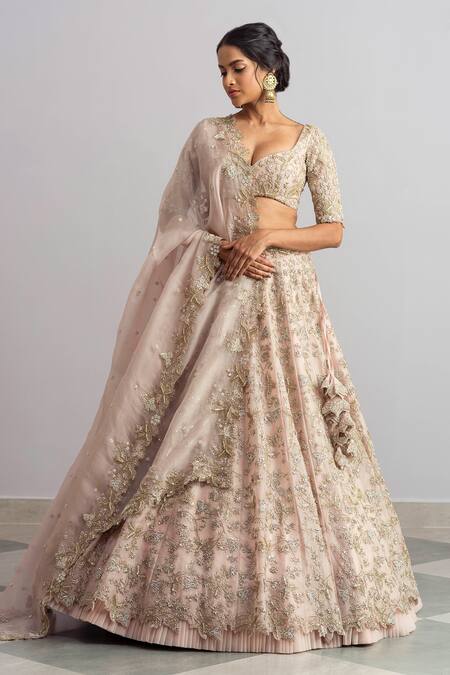 Anushree Reddy_Beige Organza V Neck Khwabeeda Bridal Lehenga Set_Online_at_Aza_Fashions