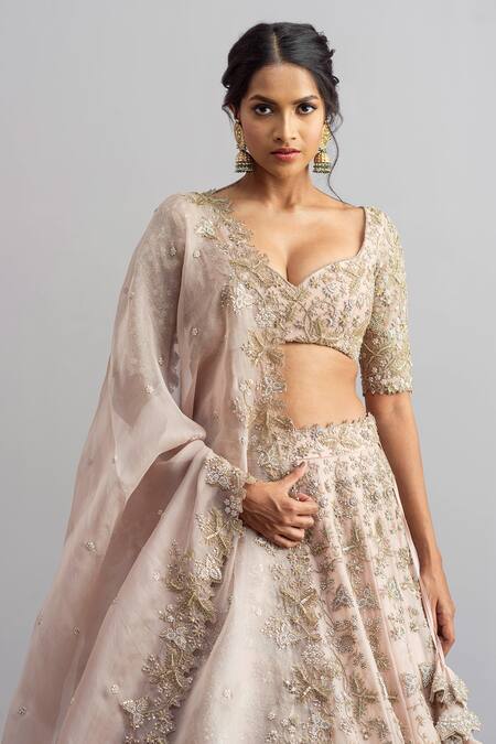 Buy_Anushree Reddy_Beige Organza V Neck Khwabeeda Bridal Lehenga Set_Online_at_Aza_Fashions