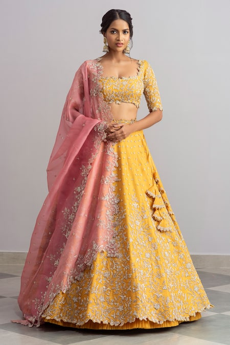 Buy Yellow Organza Embroidery V Neck Naayaab Bridal Lehenga Set For Women  by Anushree Reddy Online at Aza Fashions.