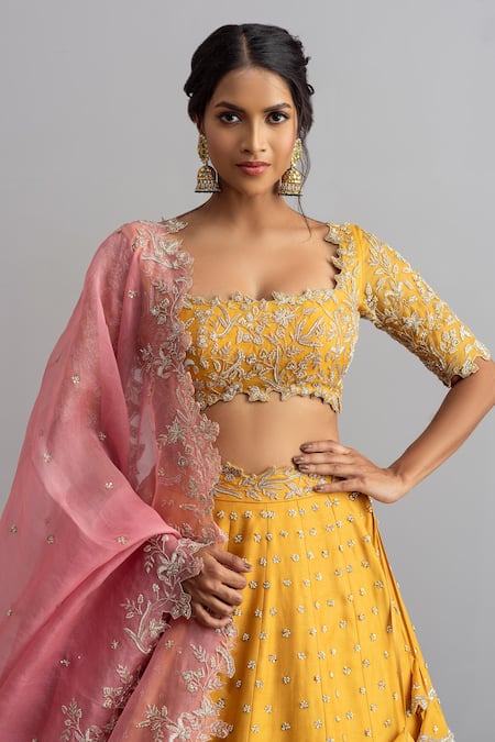 Buy Anushree Reddy Yellow Organza Embroidery Square Neck Nisf Bridal Lehenga Set Online at Aza Fashions Buy_Anushree Reddy_Yellow Organza Embroidery Square Neck Nisf Bridal Lehenga Set _Online_at_Aza_Fashions