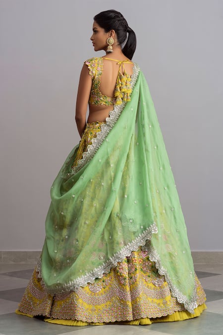 Olive Green Wedding Wear Woven-Embellished Banarasi Silk Lehenga Choli