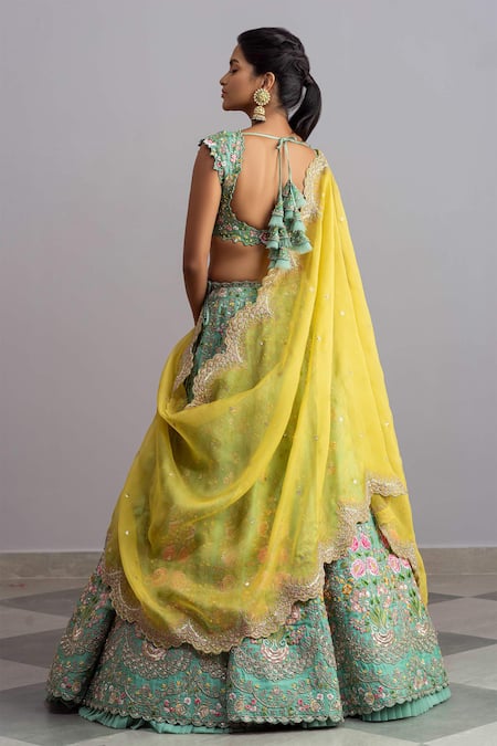 Shop_Anushree Reddy_Green Organza Embroidery V Neck Naayaab Bridal Lehenga Set  _at_Aza_Fashions