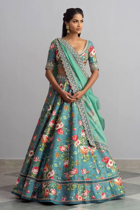 Buy Blue Raw Silk Dupatta Organza Bebak Floral Print Bridal Lehenga Set ...