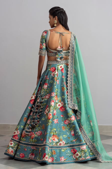 Shop_Anushree Reddy_Blue Raw Silk Dupatta Organza Embroidery Bebak Floral Print Bridal Lehenga Set_at_Aza_Fashions