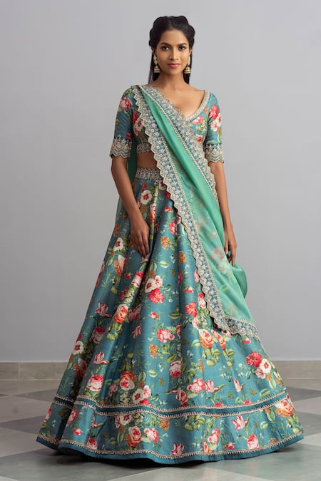 Anushree Reddy_Blue Raw Silk Dupatta Organza Embroidery Bebak Floral Print Bridal Lehenga Set_Online_at_Aza_Fashions