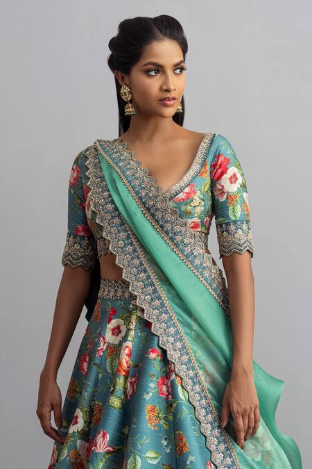 Buy_Anushree Reddy_Blue Raw Silk Dupatta Organza Embroidery Bebak Floral Print Bridal Lehenga Set_Online_at_Aza_Fashions