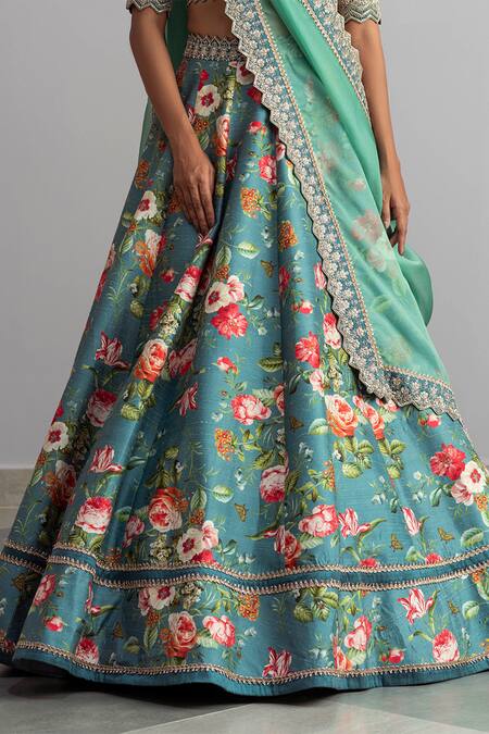 Shop_Anushree Reddy_Blue Raw Silk Dupatta Organza Embroidery Bebak Floral Print Bridal Lehenga Set_Online_at_Aza_Fashions