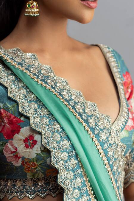 Anushree Reddy_Blue Raw Silk Dupatta Organza Embroidery Bebak Floral Print Bridal Lehenga Set_at_Aza_Fashions