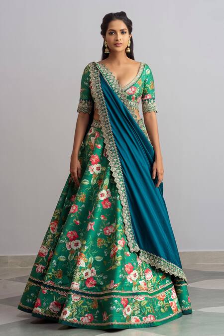 Anushree Reddy_Green Raw Silk Bebak Floral Print Lehenga Set_Online_at_Aza_Fashions