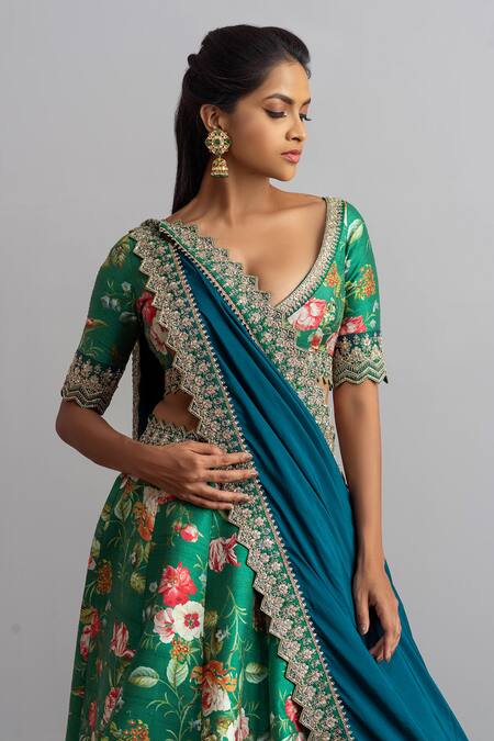 Buy_Anushree Reddy_Green Raw Silk Bebak Floral Print Lehenga Set_Online_at_Aza_Fashions