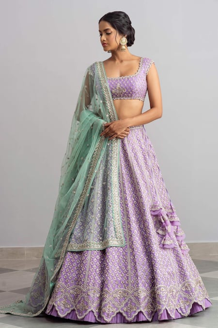 Anushree Reddy Purple Raw Silk Dupatta Organza Square Neck Aafreen Bridal Lehenga Set Online at Aza Fashions Anushree Reddy_Purple Raw Silk Dupatta Organza Square Neck Aafreen Bridal Lehenga Set_Online_at_Aza_Fashions