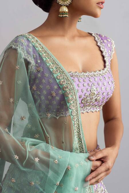 Anushree Reddy Purple Raw Silk Dupatta Organza Square Neck Aafreen Bridal Lehenga Set at Aza Fashions Anushree Reddy_Purple Raw Silk Dupatta Organza Square Neck Aafreen Bridal Lehenga Set_at_Aza_Fashions